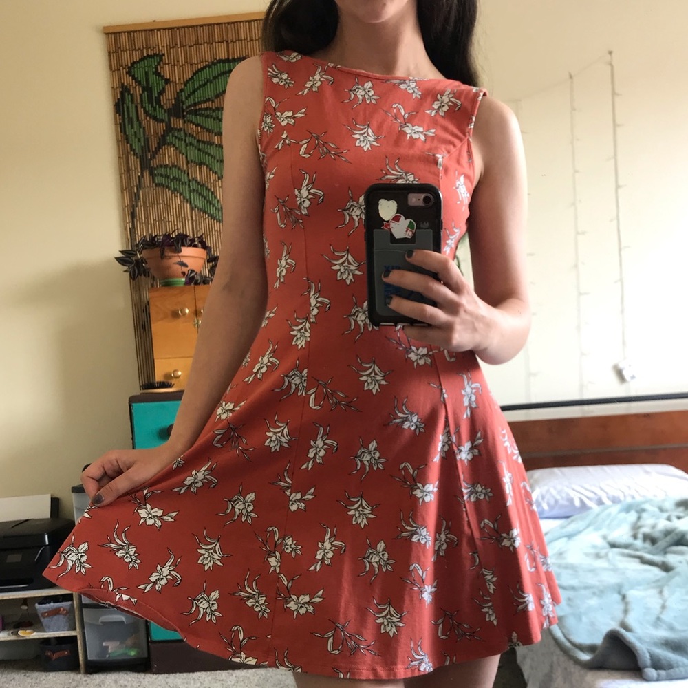 Coral open back floral babydoll dress